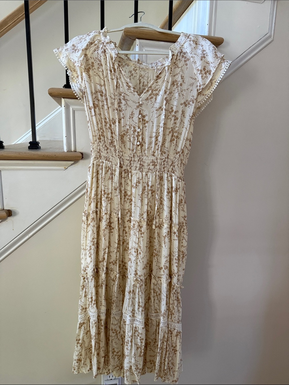 Floral Tiered Midi Dress in Cream with Tan Print
